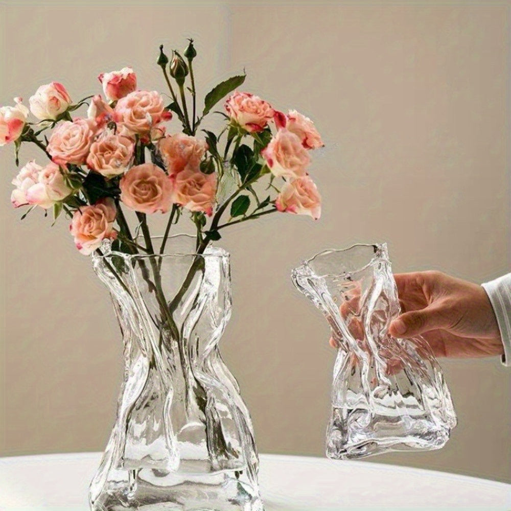 1pc Elegant Glass Ribbed Vase - Vintage Style Decorative Centerpiece for Home, Living Room