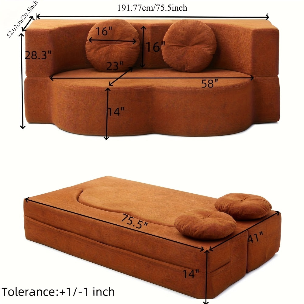 Modern Floor Sofa with 2 Pillows, Convertible Teddy Fabric Foam-Filled Sleeper Sofa Bed, 15\
