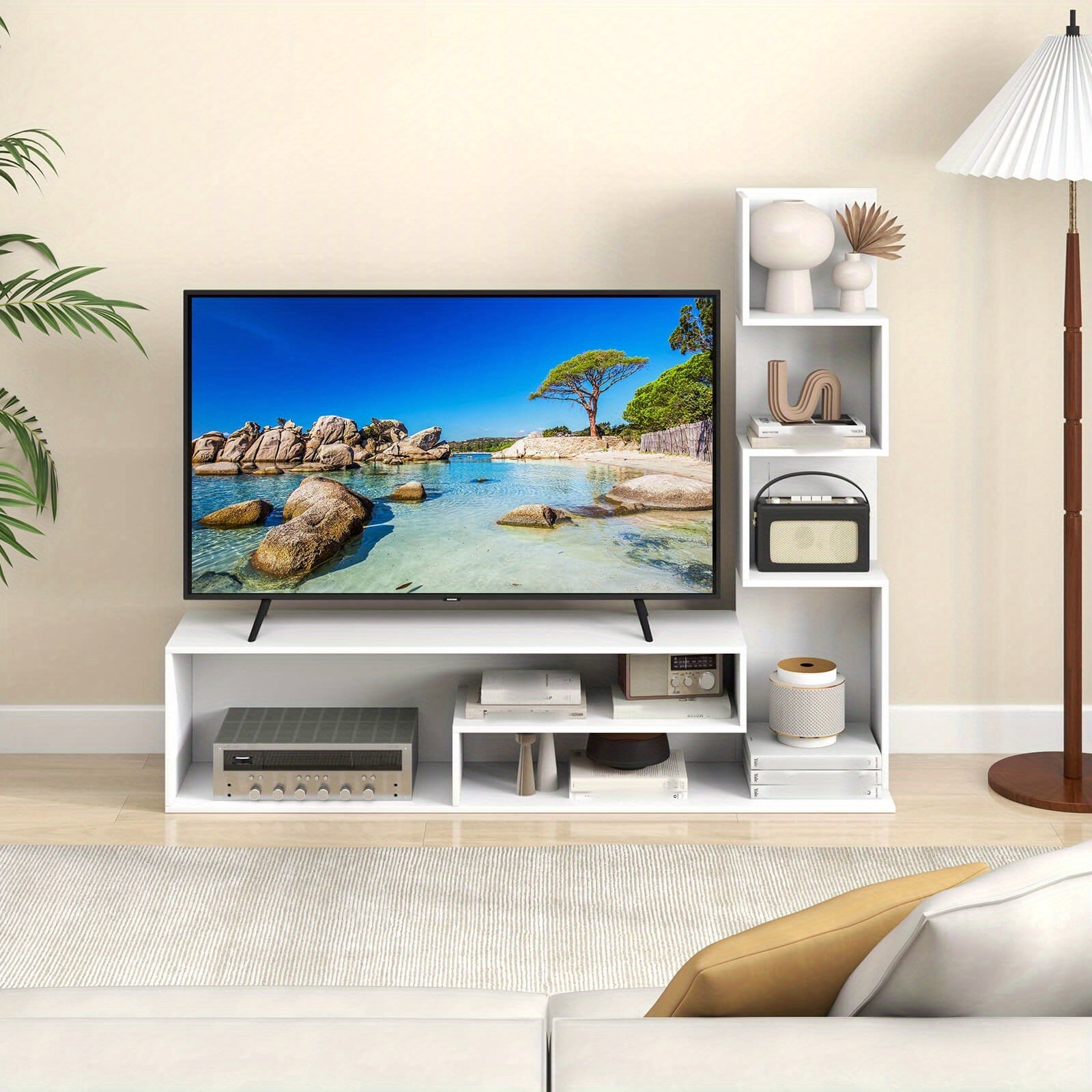 COSTWAY Mid-Century Modern TV Stand for TVs Up to 50 Inch - Heavy-Duty Entertainment Center with Open Shelves