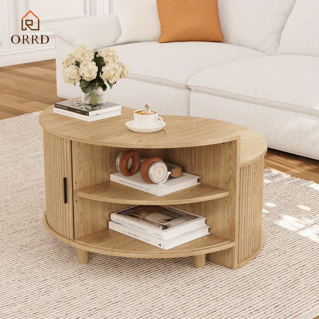 ORRD Modern Round Coffee Table with Sliding Doors - Fluted Design