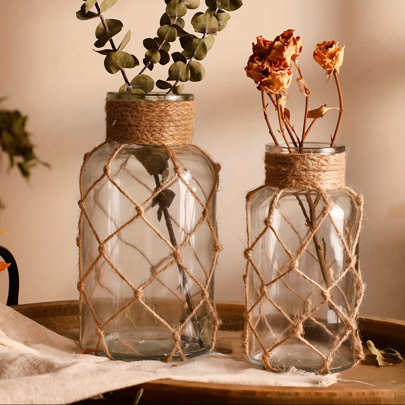 1\u002F2pcs Vintage Bohemian Flower Vase, Hand-woven Transparent Glass Cylinder Vase