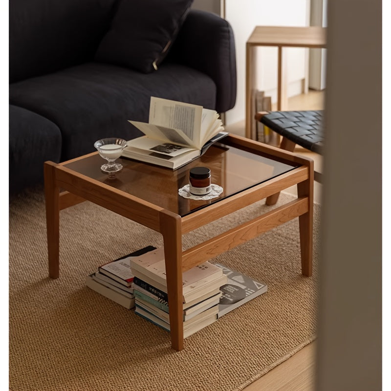 Modern Minimalist Coffee Table - Solid Wood & Brown Tempered Glass Top