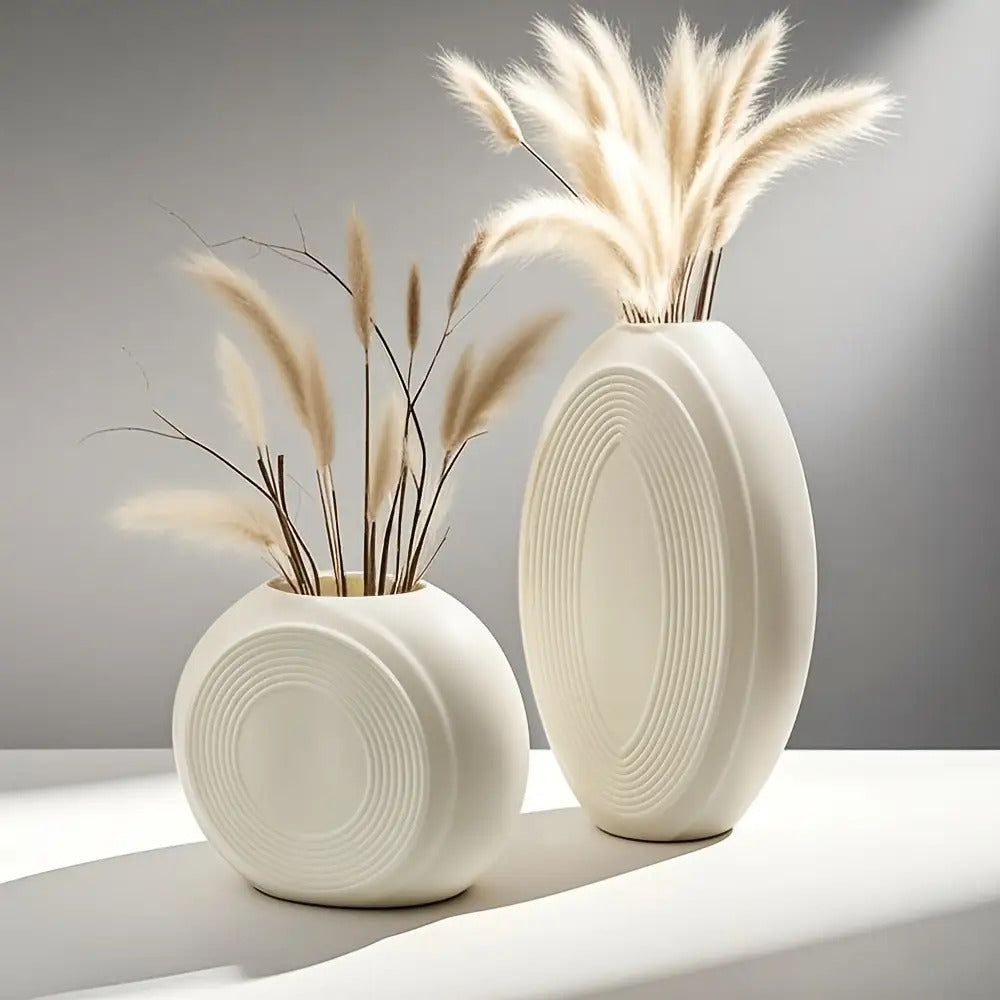 2pcs Wabi Sabi Bohemian Vase Set - Shatterproof Lightweight Tall & Short Round Vases with Matte Cream White Glossy-like Finish