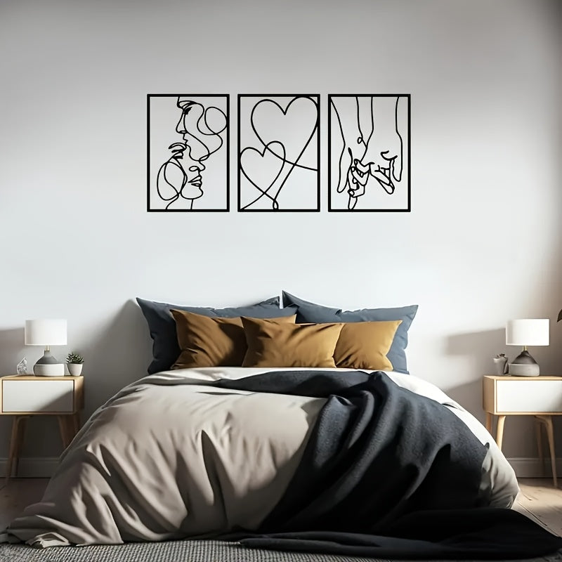 2D Flat, 3pcs set of heart-shaped pattern wall decor with kissing lovers and hand in hand