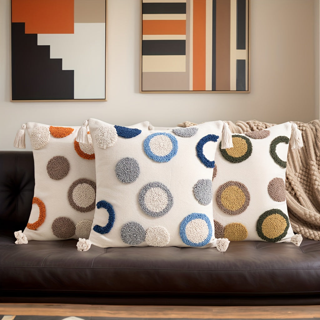 1pc Bohemian Tufted Geometric Circular Pillow Cover with Tassels - Neutral & Multicolor Textured Cushion Case