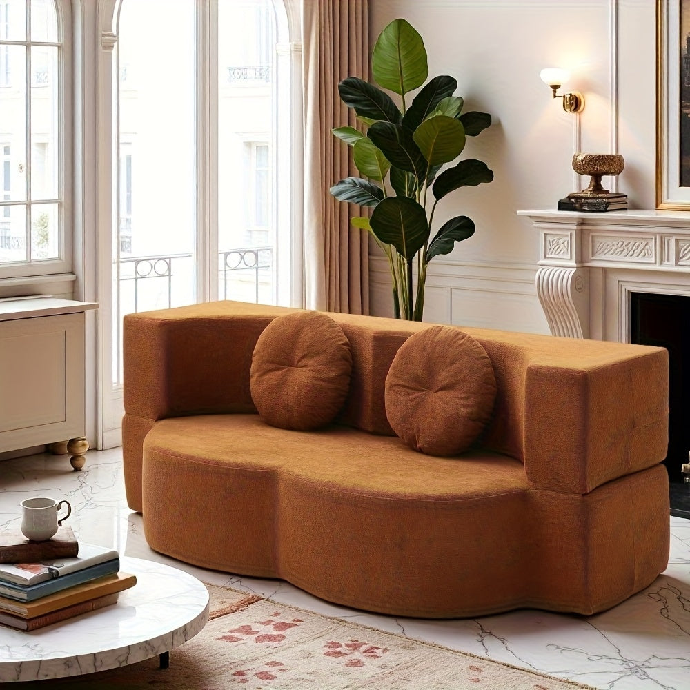 Modern Floor Sofa with 2 Pillows, Convertible Teddy Fabric Foam-Filled Sleeper Sofa Bed, 15\