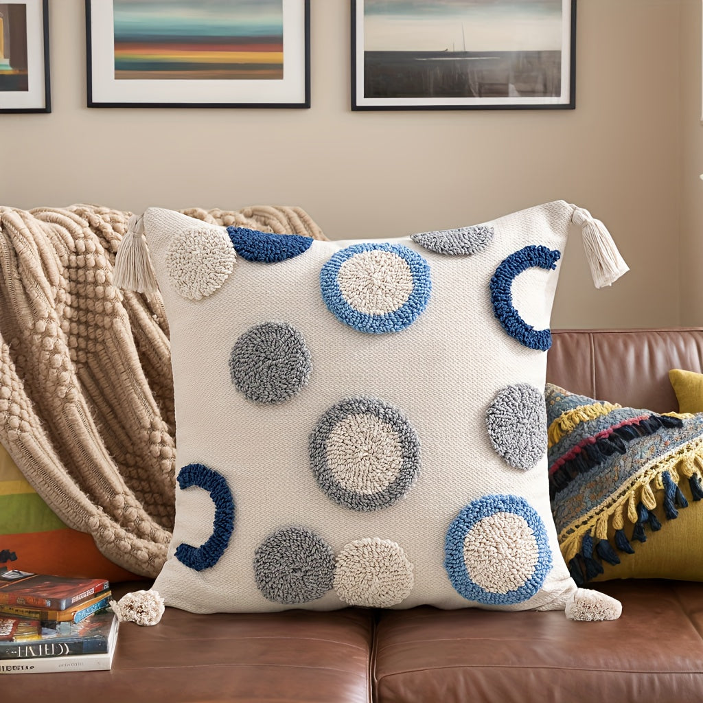 1pc Bohemian Tufted Geometric Circular Pillow Cover with Tassels - Neutral & Multicolor Textured Cushion Case