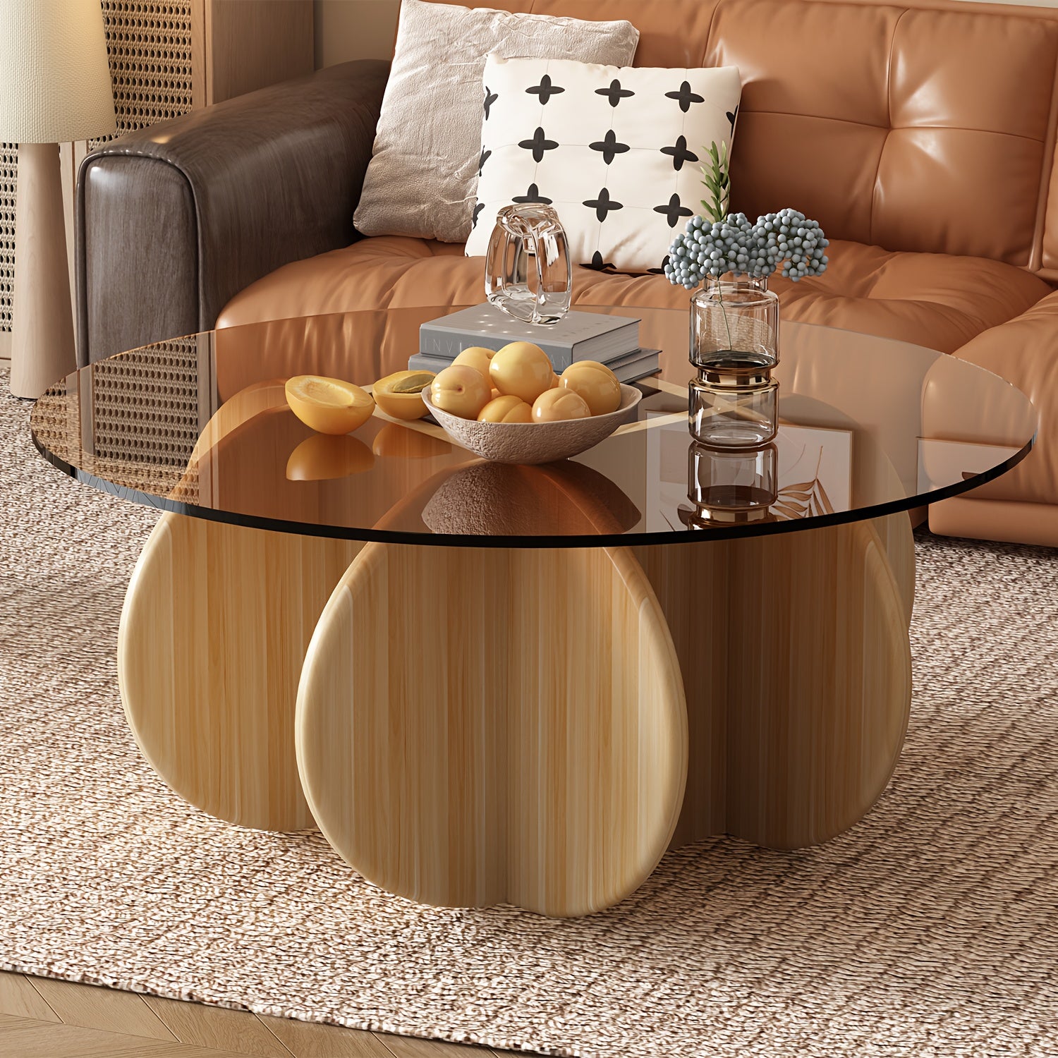 31.5'' Round Glass Coffee Table, Center Table with Tempered Glass-Top for Small Space