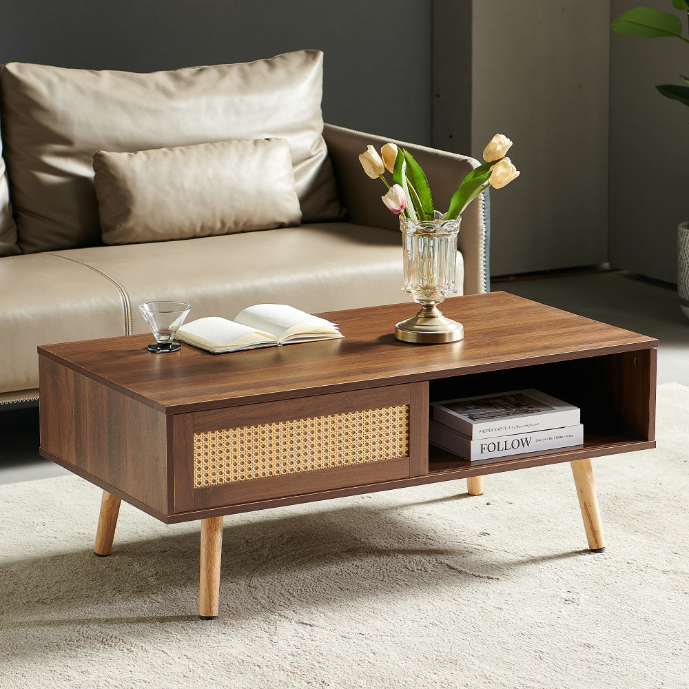 Modern Walnut Coffee Table with Sliding Storage Door & Solid Wood Legs - Space-Saving MDF & Hardwood Construction