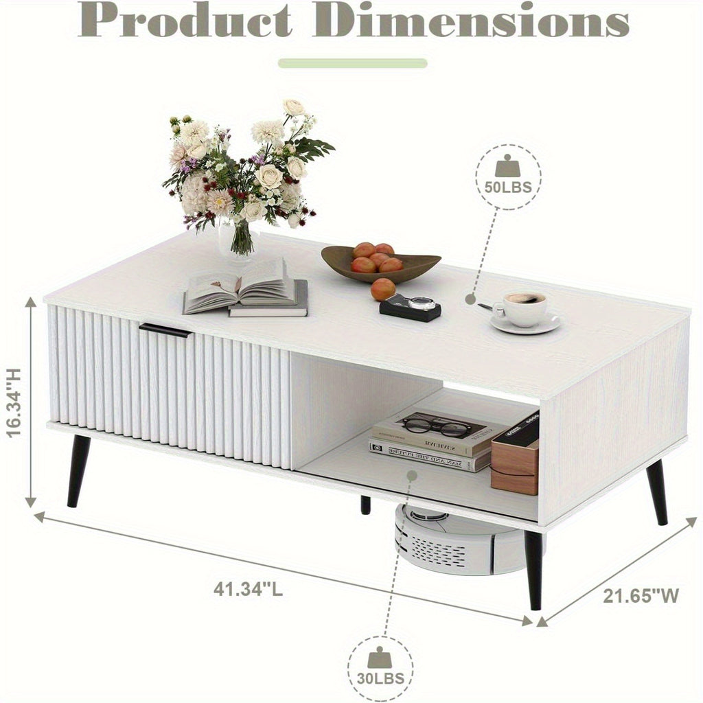 Mid-Century Modern Coffee Table with Sliding Door Storage - Large Rectangle Living Room Center Table