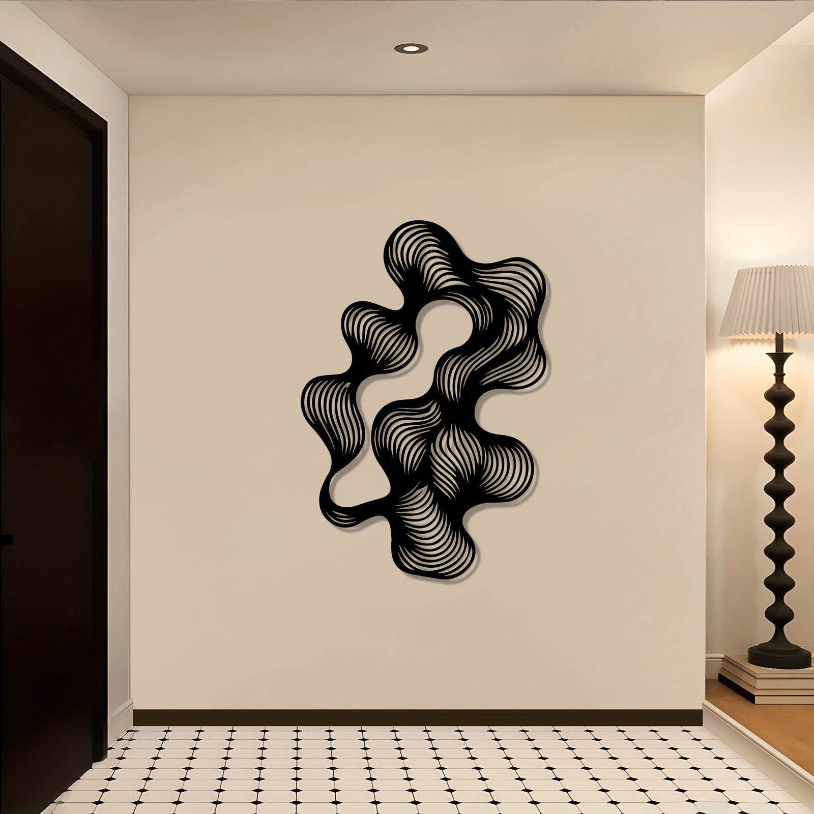 1pc Retro-Modern Abstract Flow Line Metal Wall Art - Black Iron Wire Mural with Dynamic Curves