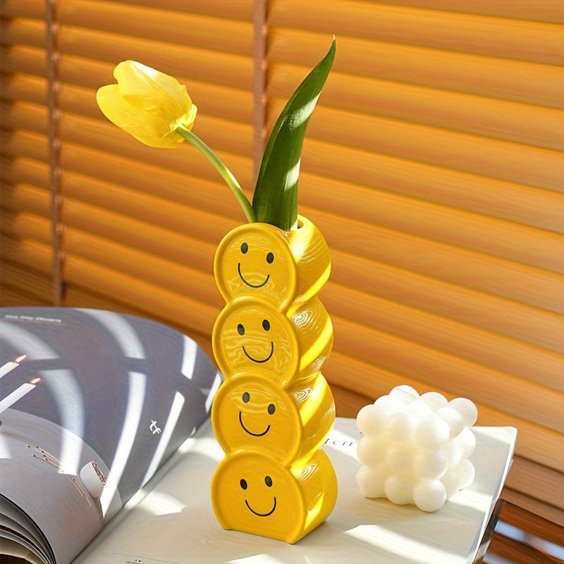 1pc Ceramic Happy Face Bud Vase, Art Deco Cartoon Patterned, Round Shape Boho Centerpiece