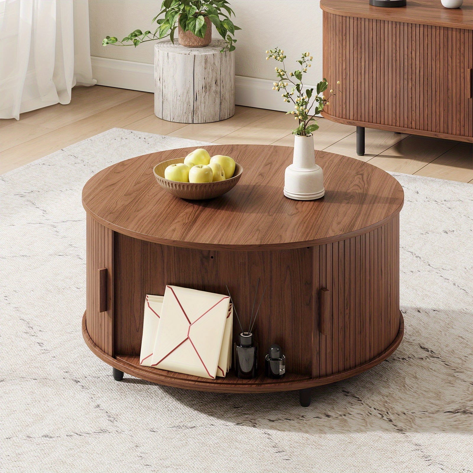 31.5 Inch Wooden Round Coffee Table With Storage Space