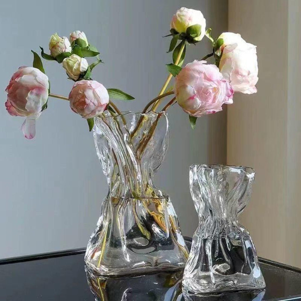 1pc Elegant Glass Ribbed Vase - Vintage Style Decorative Centerpiece for Home, Living Room