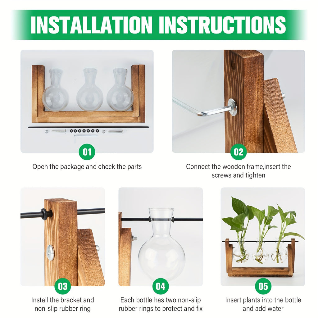 3 Glass Bulb Pots with Stand Set of 3 Glass Plant Containers with Wooden Stand - Glass Bulb Pots