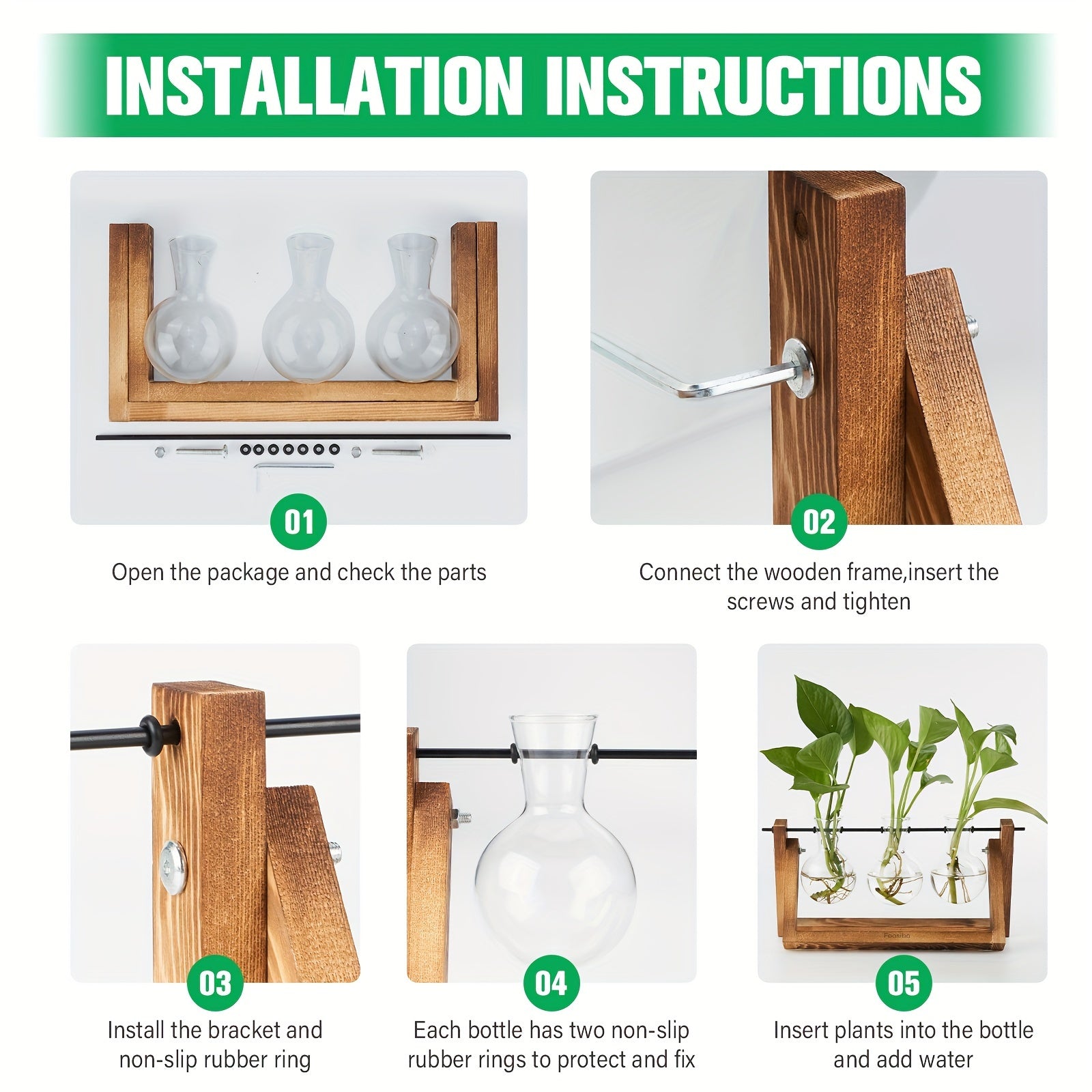 3 Glass Bulb Pots with Stand Set of 3 Glass Plant Containers with Wooden Stand - Glass Bulb Pots