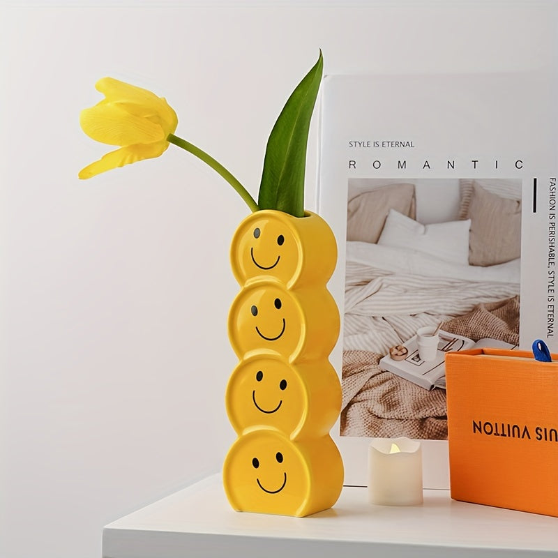 1pc Ceramic Happy Face Bud Vase, Art Deco Cartoon Patterned, Round Shape Boho Centerpiece