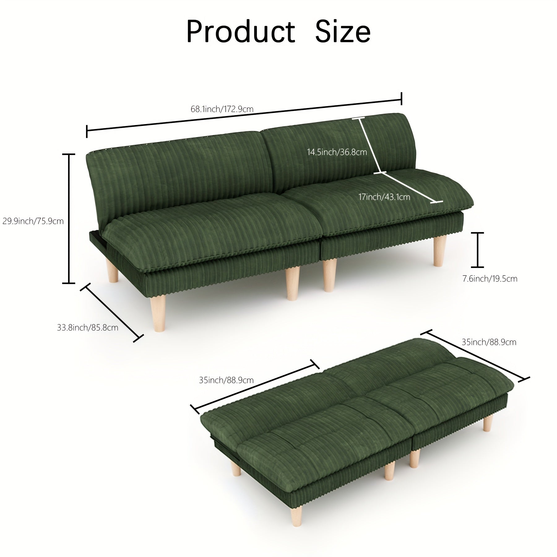 Futon Sofa Bed, 68 Inch Futon Couch with Adjustable Backrest, Corduroy Convertible Sleeper Sofa Bed