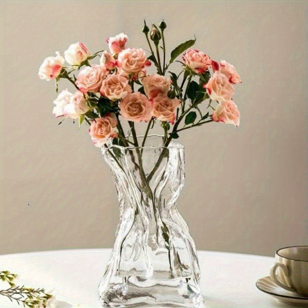 1pc Elegant Glass Ribbed Vase - Vintage Style Decorative Centerpiece for Home, Living Room