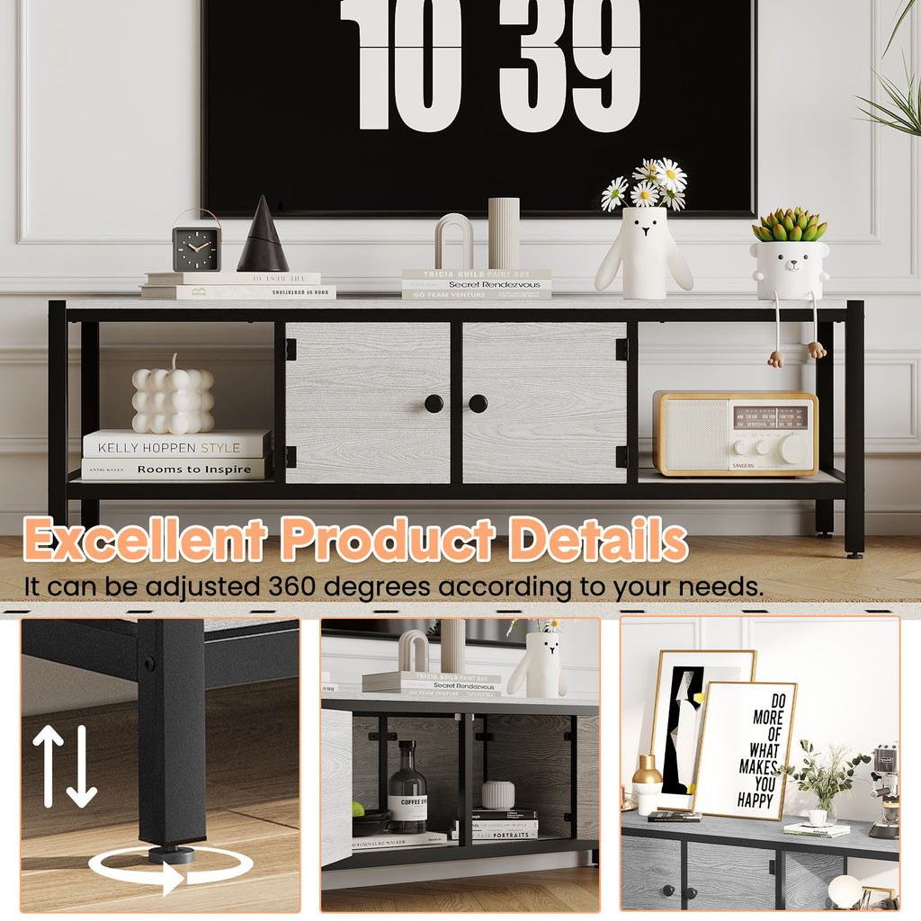 Modern Double Door TV Stand Cabinet with MDF-like - Heavy-Duty Metal, Grey Wood-Look Doors