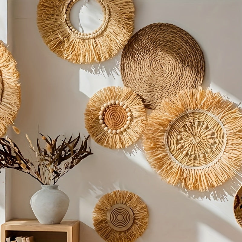 Bohemian style raffia wall decoration - artificial wood geometric circular design, natural beige tone