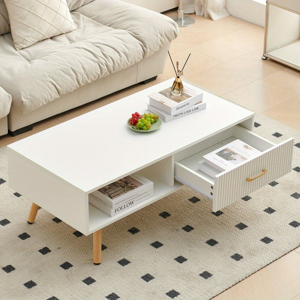 Modern White Rectangle Coffee Table with Sliding Storage Drawer & Solid Wood Legs - Space-Saving MDF Top