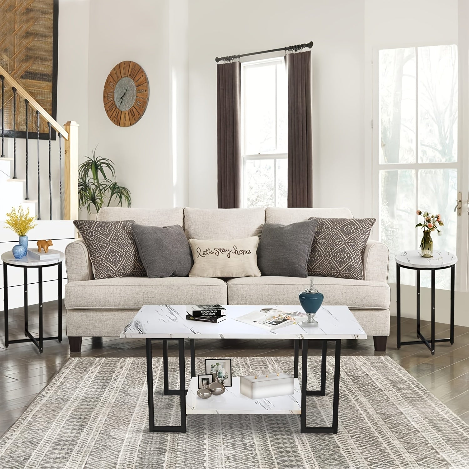 3pcs Coffee Table Set, Faux Marble Coffee Table with 2 Side Table