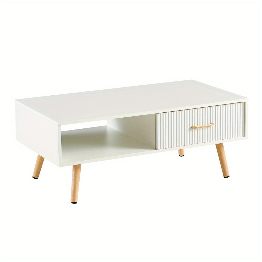 Modern White Rectangle Coffee Table with Sliding Storage Drawer & Solid Wood Legs - Space-Saving MDF Top