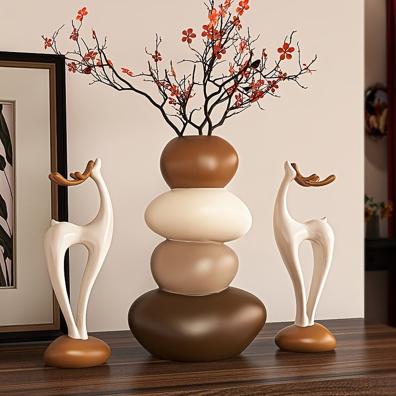 1 Large Resin Stone-Shaped Vase with Geometric Patterns, Classic Style