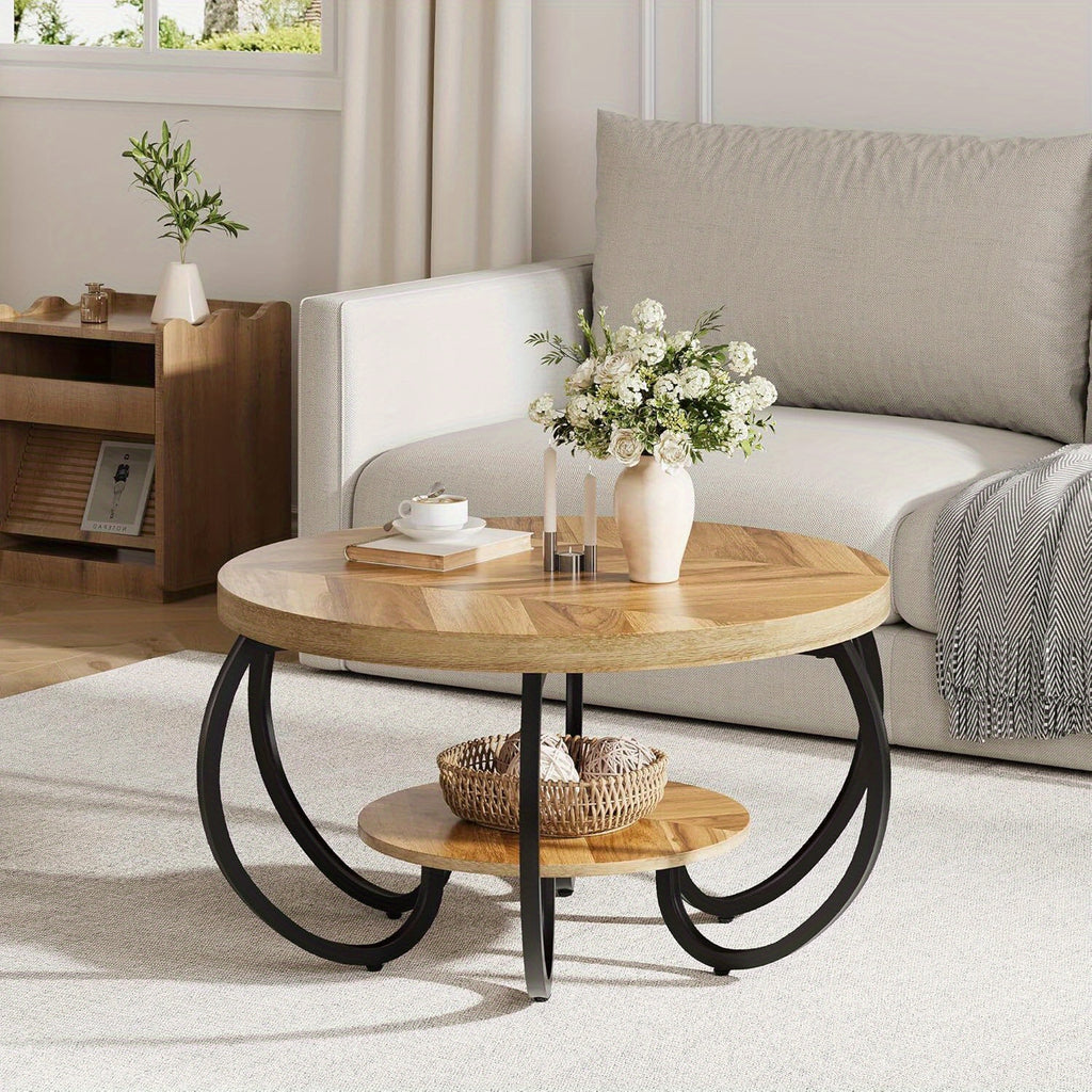 30-inch Round Industrial Modern Coffee Table with Oak Grain Finish & Adjustable Height Legs - Double-Layer Storage Shelf