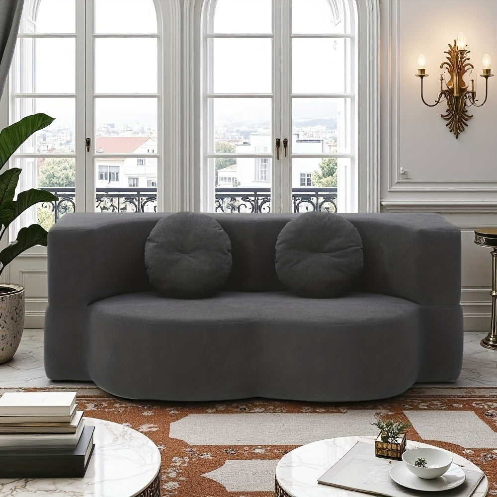 Modern Floor Sofa with 2 Pillows, Convertible Teddy Fabric Foam-Filled Sleeper Sofa Bed, 15\