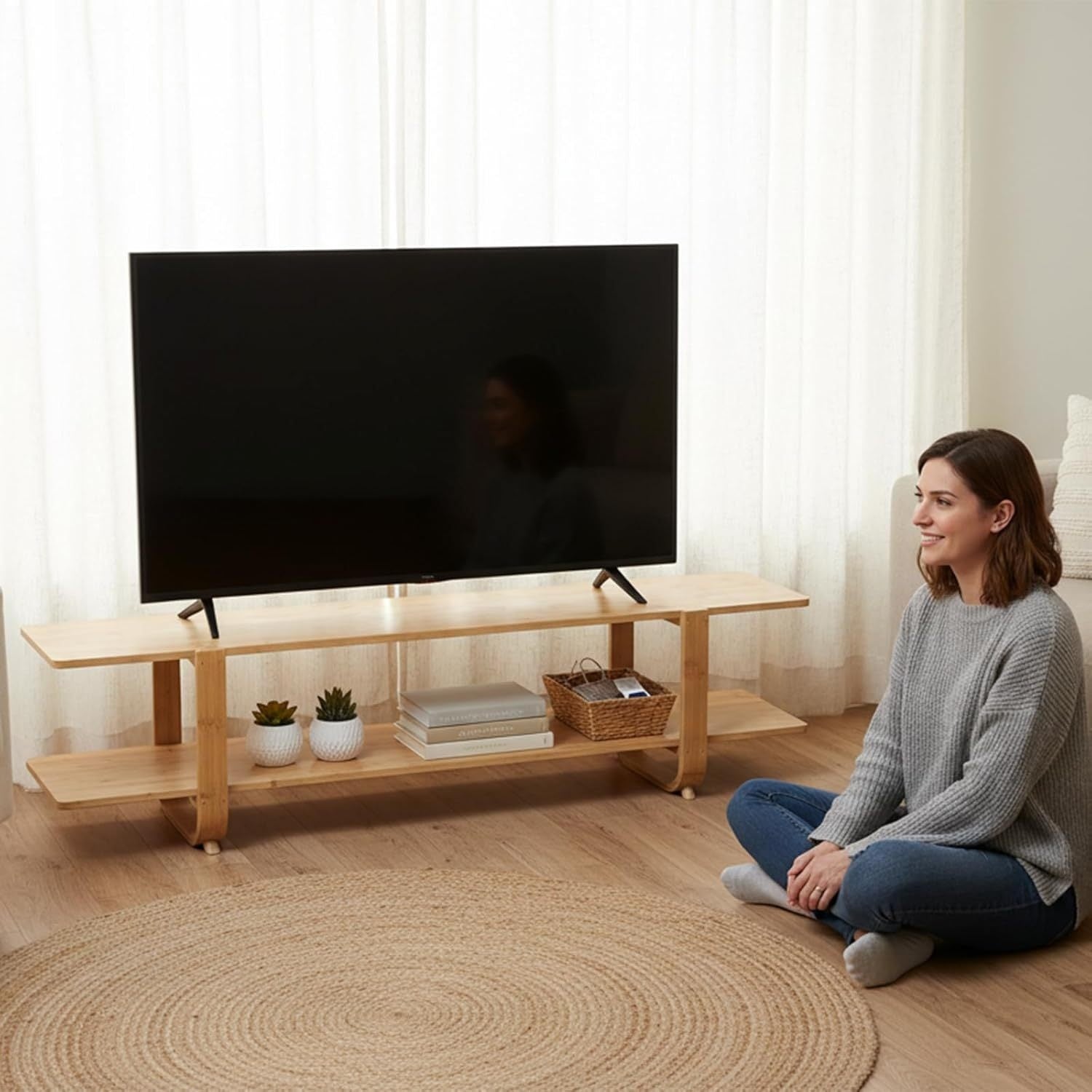 Welnow Bamboo TV Stand Welnow Mid Century Modern Bamboo TV Stand For Up To 65''