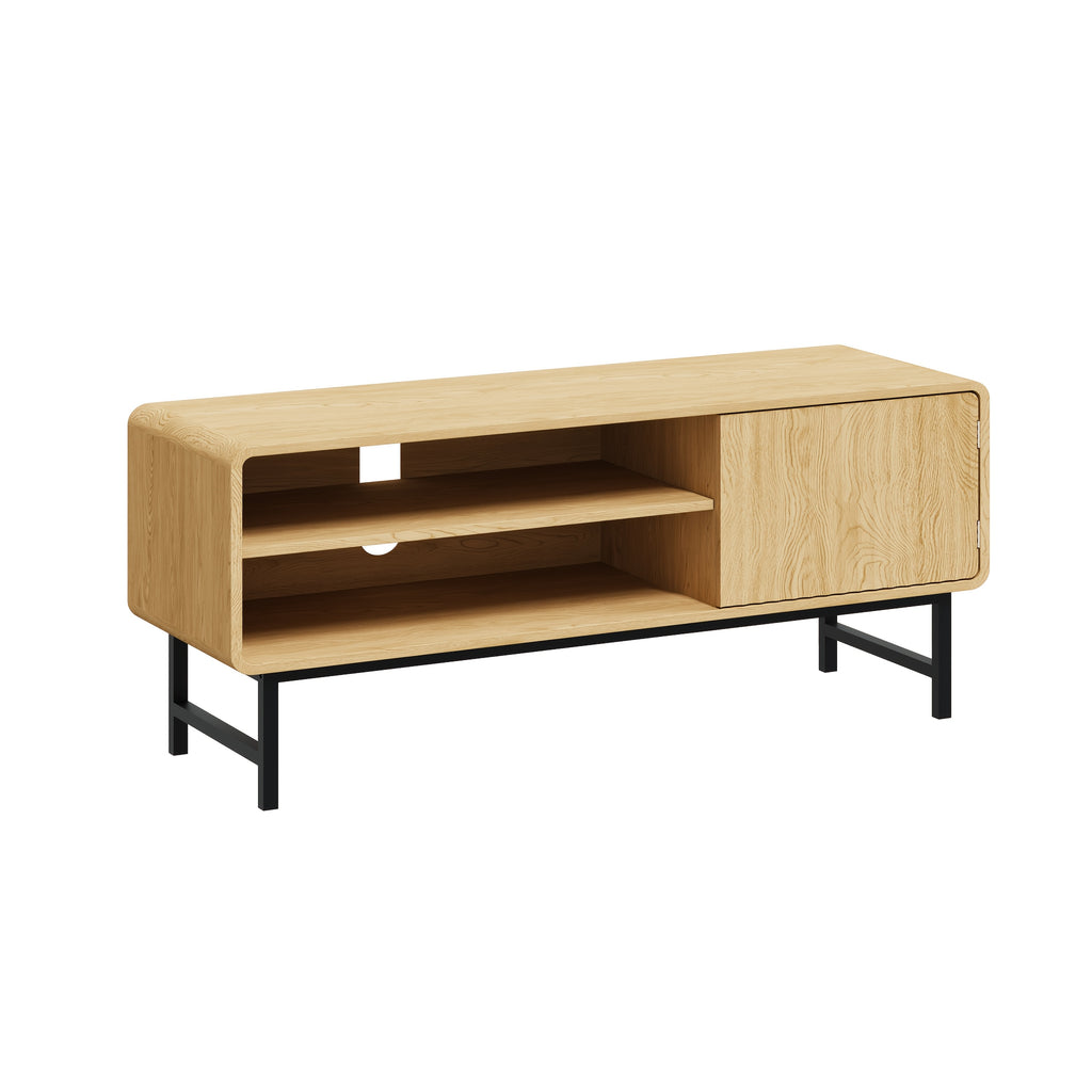 45-Inch Modern Farmhouse Boho TV Stand with Storage Cabinets & Open Shelves - Light Wood Veneer Finish Entertainment Center