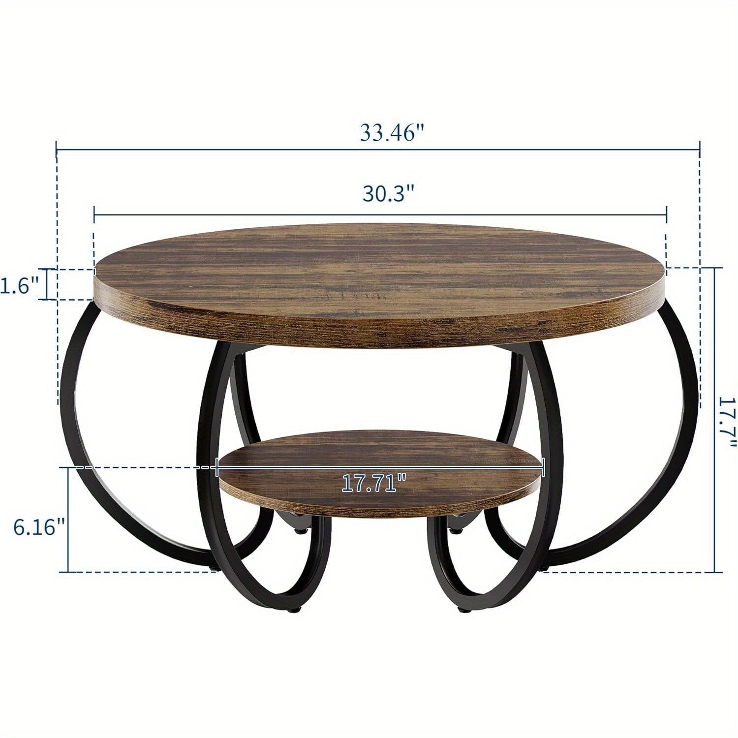 30-inch Round Industrial Modern Coffee Table with Oak Grain Finish & Adjustable Height Legs - Double-Layer Storage Shelf