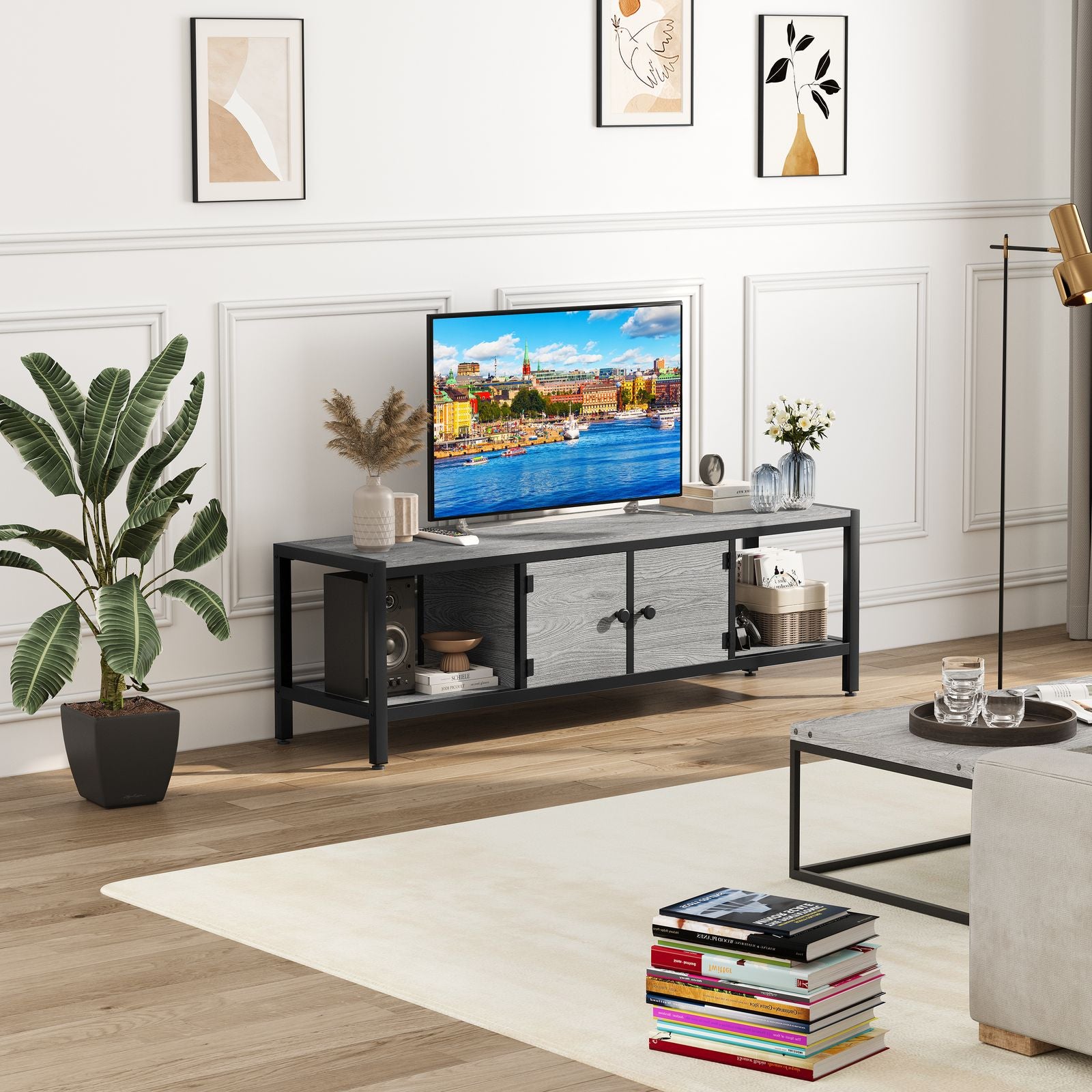 Modern Double Door TV Stand Cabinet with MDF-like - Heavy-Duty Metal, Grey Wood-Look Doors