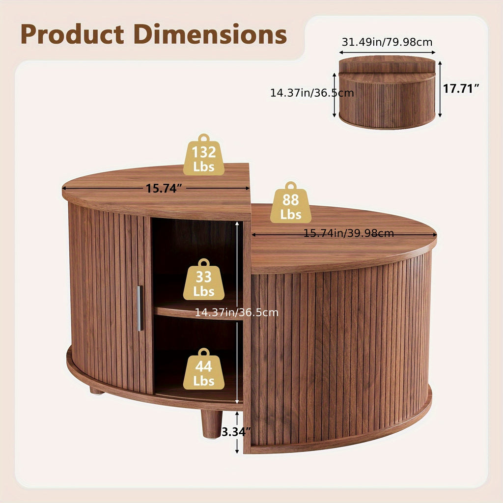 ORRD Modern Round Coffee Table with Sliding Doors - Fluted Design