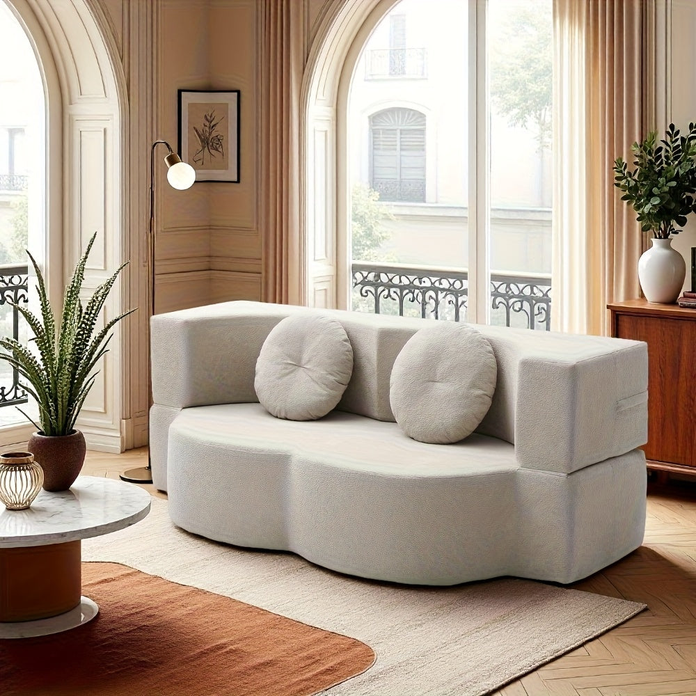 Modern Floor Sofa with 2 Pillows, Convertible Teddy Fabric Foam-Filled Sleeper Sofa Bed, 15\