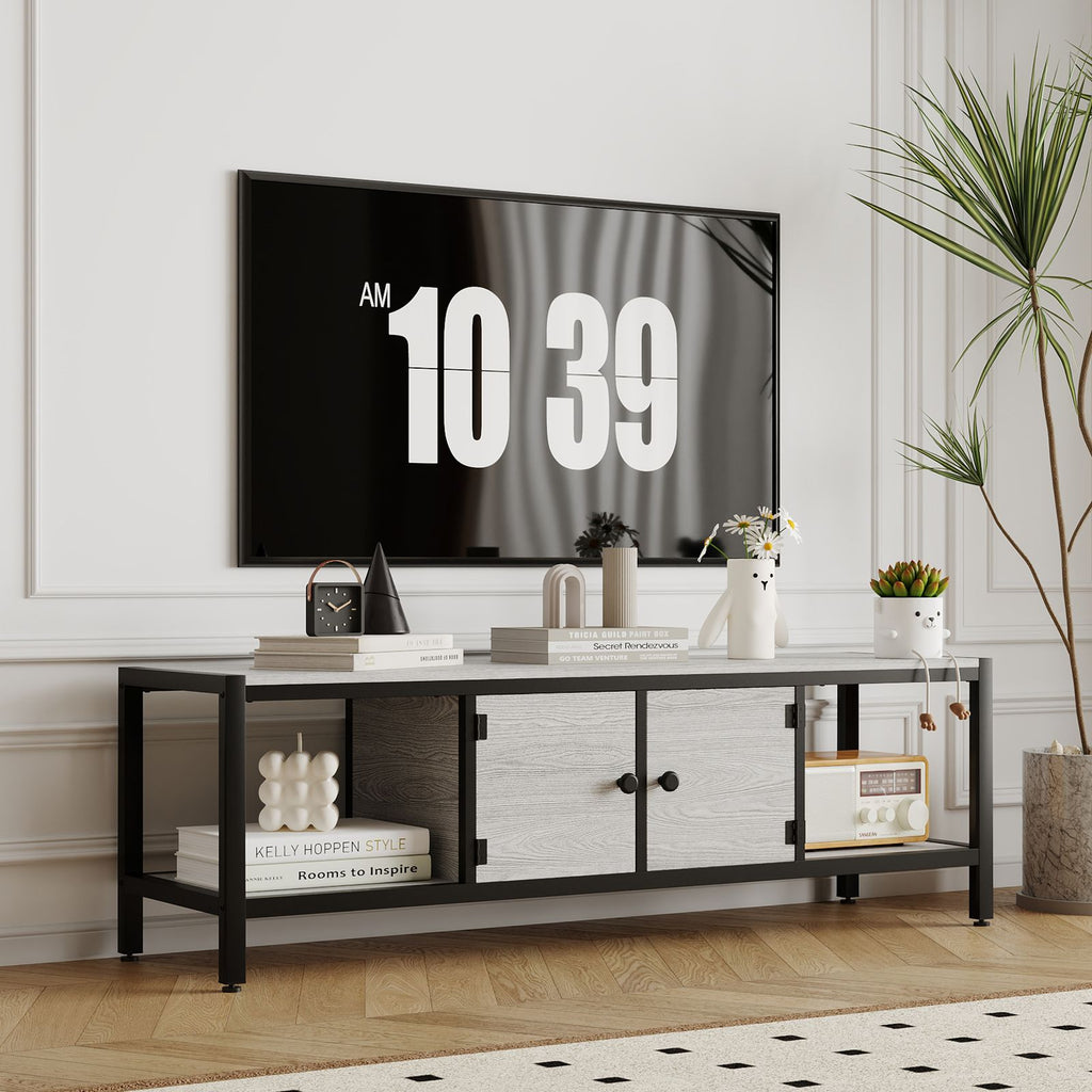Modern Double Door TV Stand Cabinet with MDF-like - Heavy-Duty Metal, Grey Wood-Look Doors
