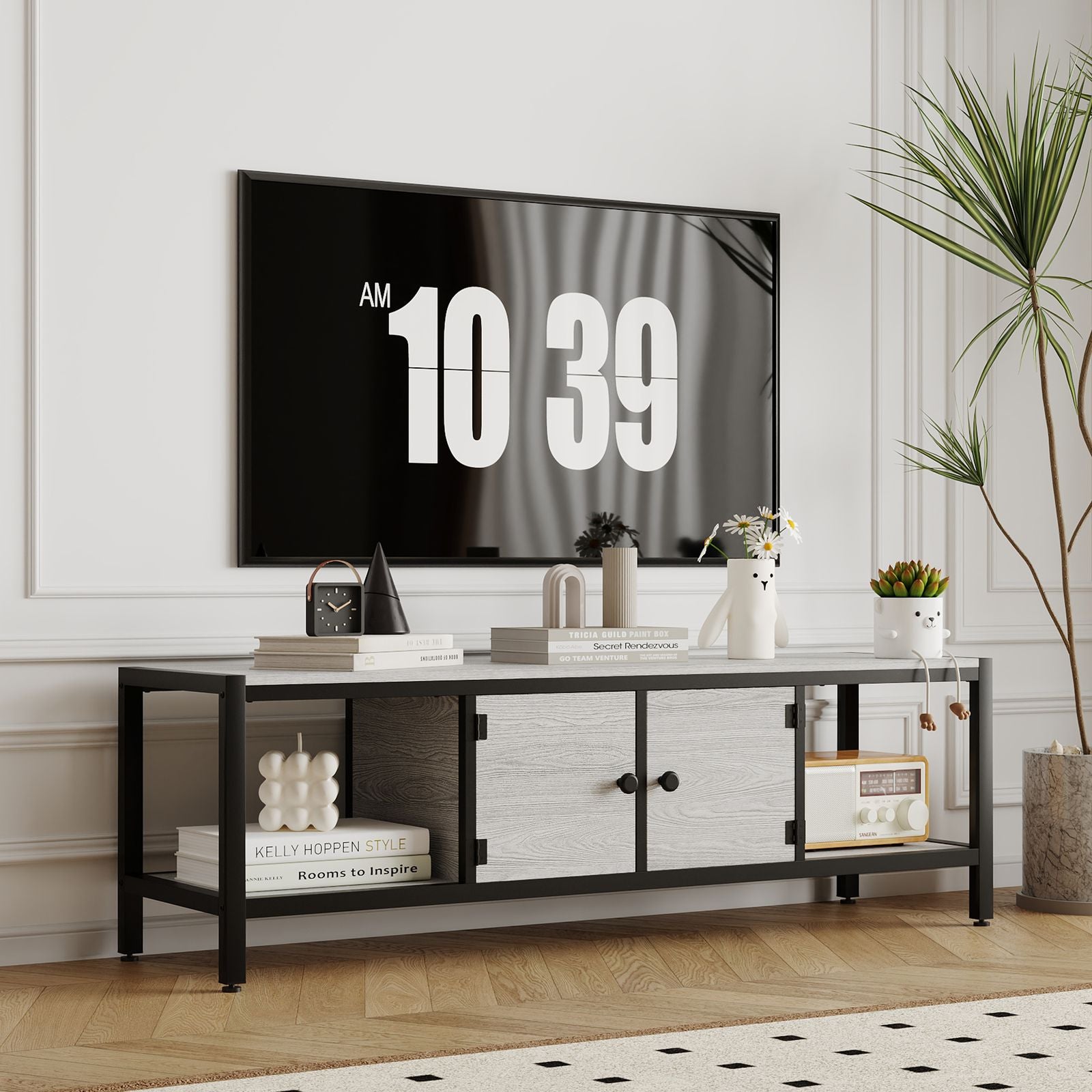 Modern Double Door TV Stand Cabinet with MDF-like - Heavy-Duty Metal, Grey Wood-Look Doors