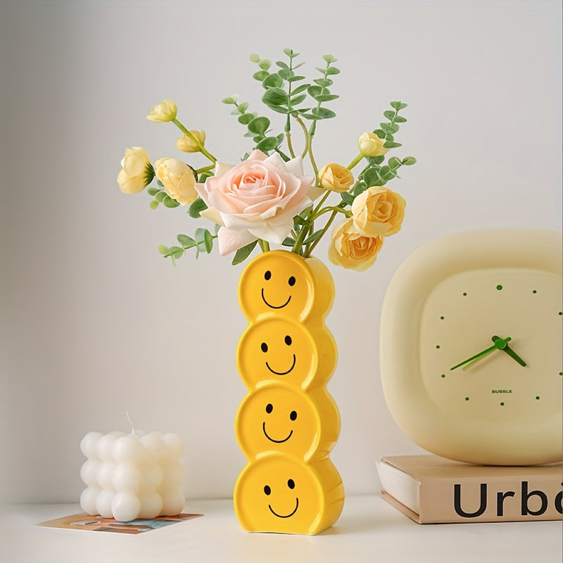 1pc Ceramic Happy Face Bud Vase, Art Deco Cartoon Patterned, Round Shape Boho Centerpiece