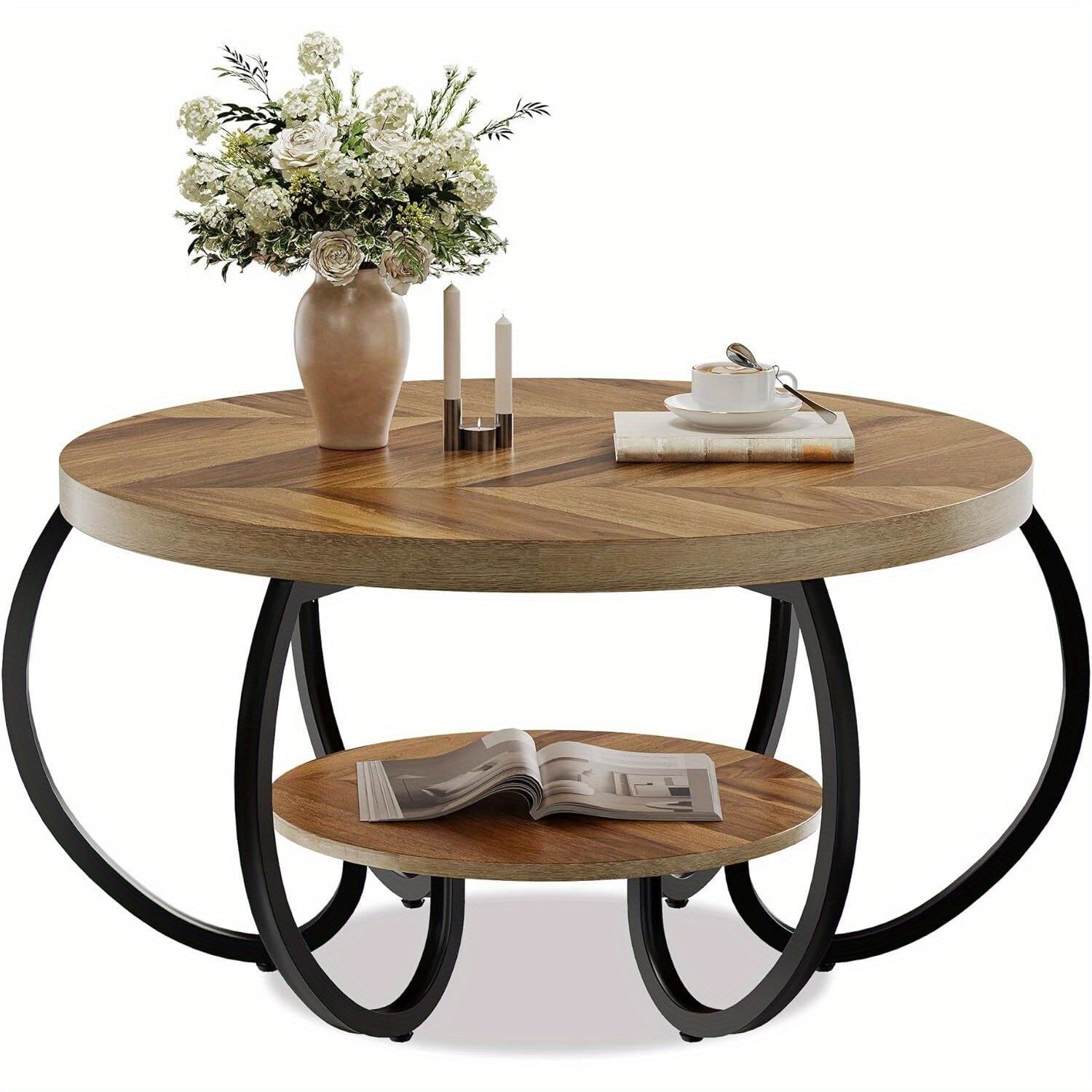 30-inch Round Industrial Modern Coffee Table with Oak Grain Finish & Adjustable Height Legs - Double-Layer Storage Shelf