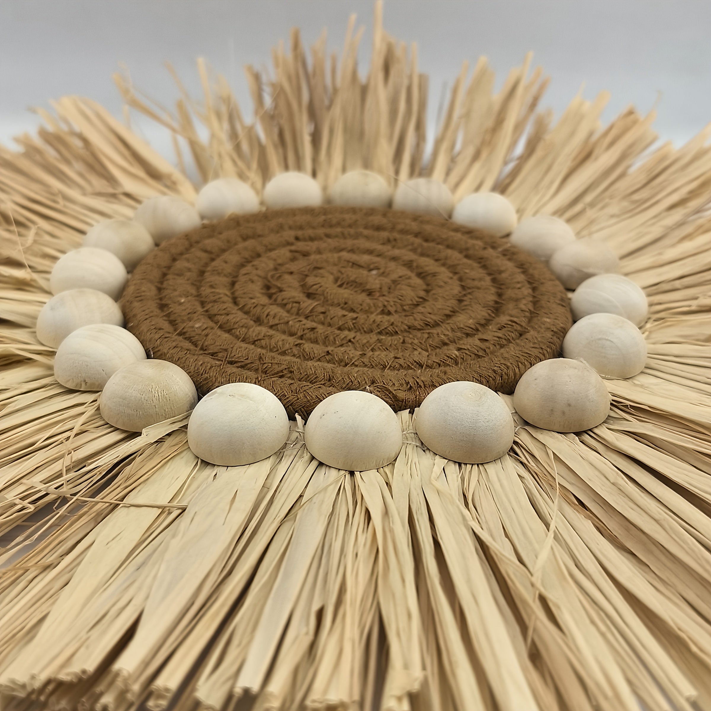 Bohemian style raffia wall decoration - artificial wood geometric circular design, natural beige tone