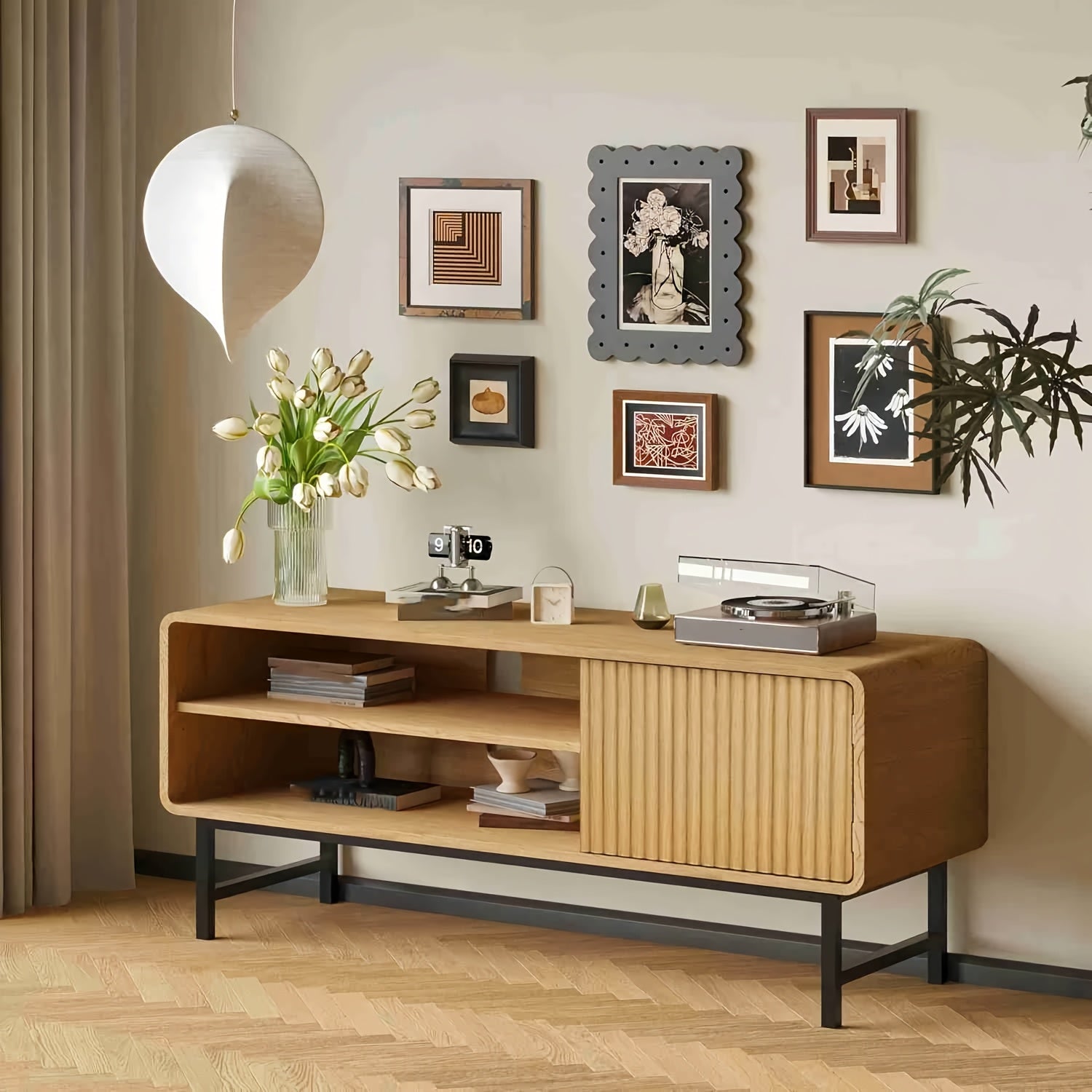 45-Inch Modern Farmhouse Boho TV Stand with Storage Cabinets & Open Shelves - Light Wood Veneer Finish Entertainment Center