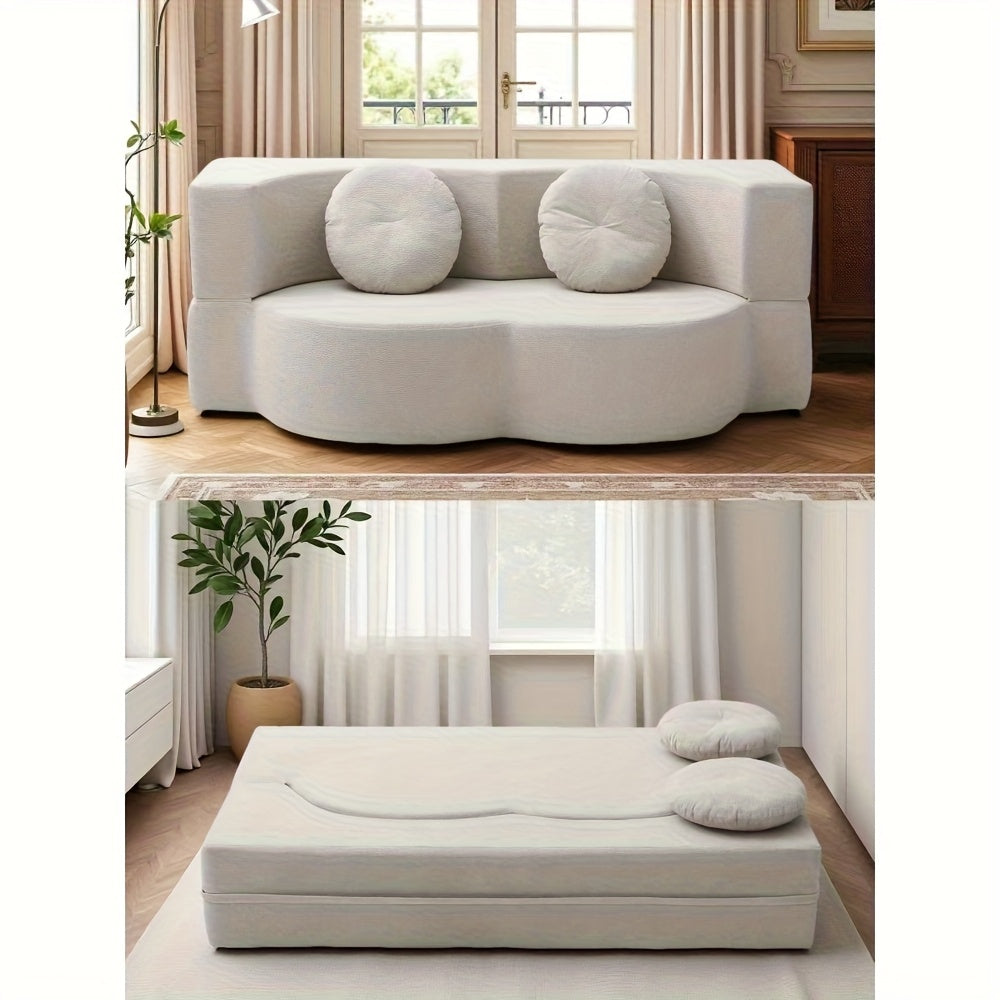 Modern Floor Sofa with 2 Pillows, Convertible Teddy Fabric Foam-Filled Sleeper Sofa Bed, 15\