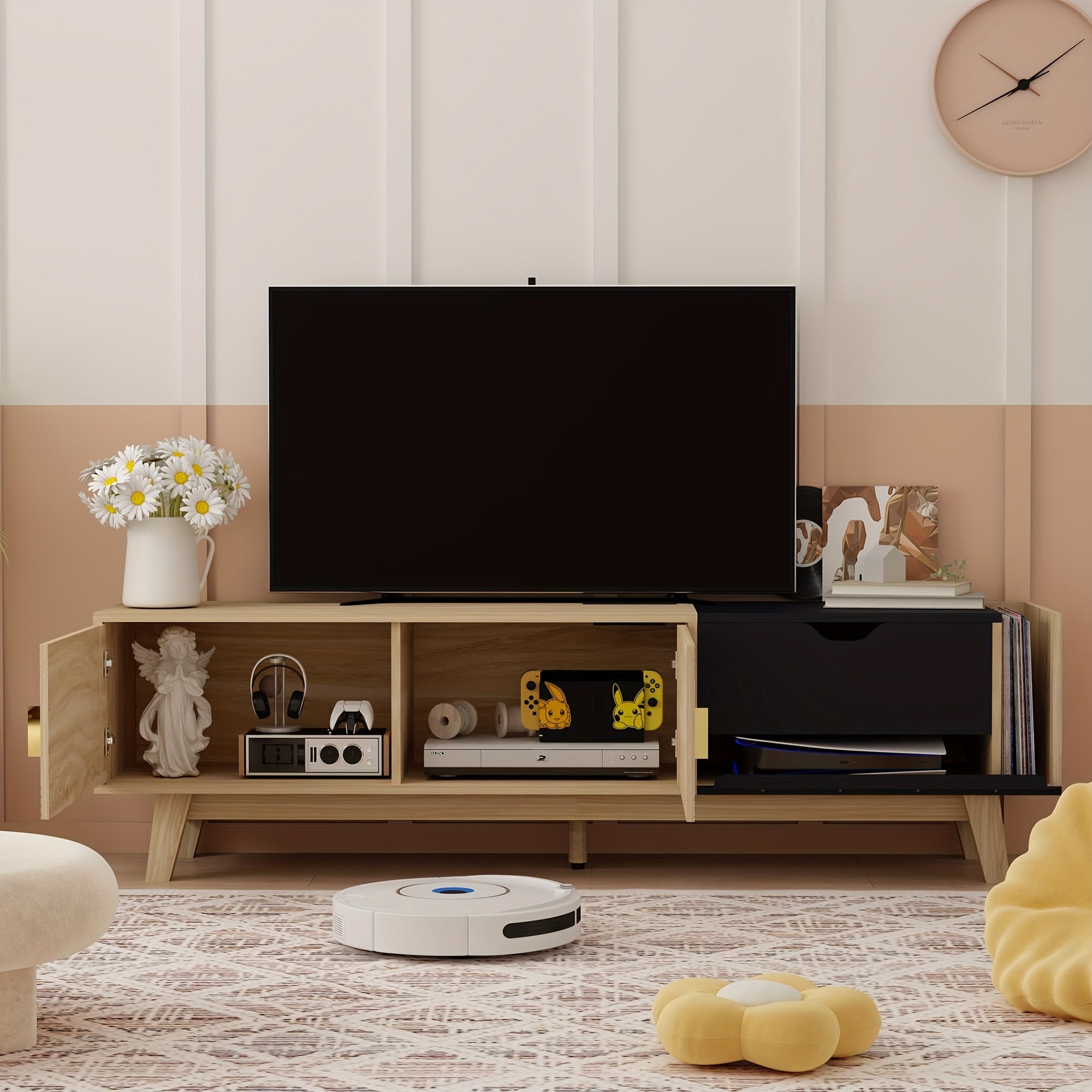 ORRD 63-Inch Modern Wood TV Stand with CD Storage, 2 Doors & Cable Management - Easy Assembly