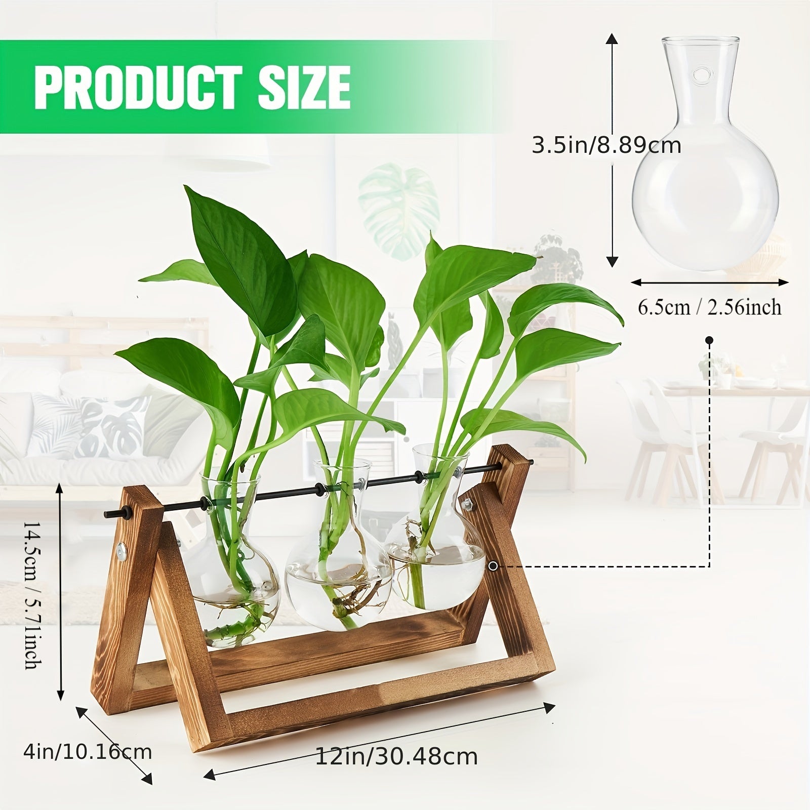 3 Glass Bulb Pots with Stand Set of 3 Glass Plant Containers with Wooden Stand - Glass Bulb Pots