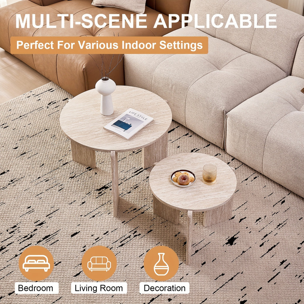 Two Sets of Round Nesting Coffee Tables, Mid-Century Modern Round Side Tables