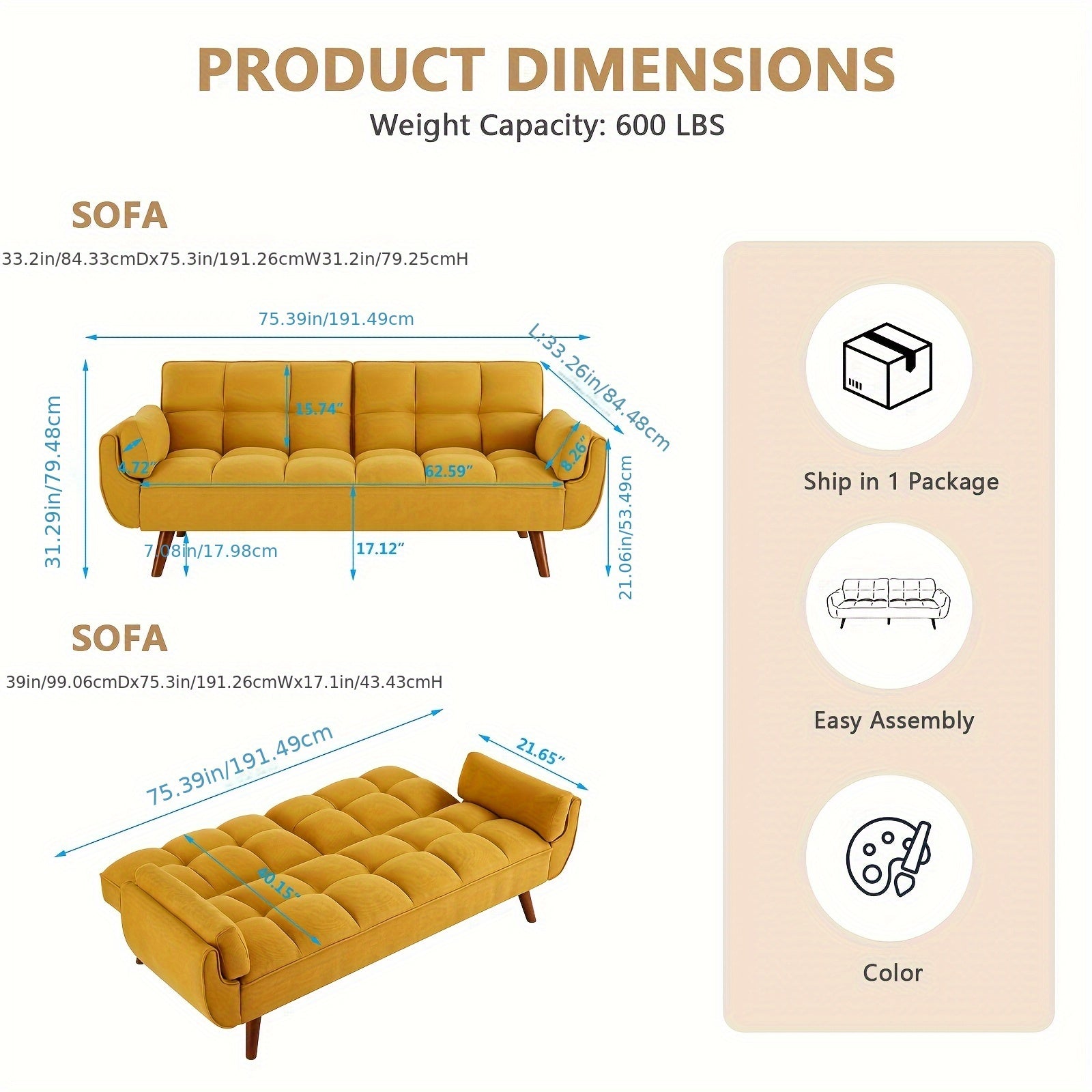 Foldable Sofa Bed, Linen Sleeping Sofa, 75-inch Wide Modern Three-seater Quilted Sofa