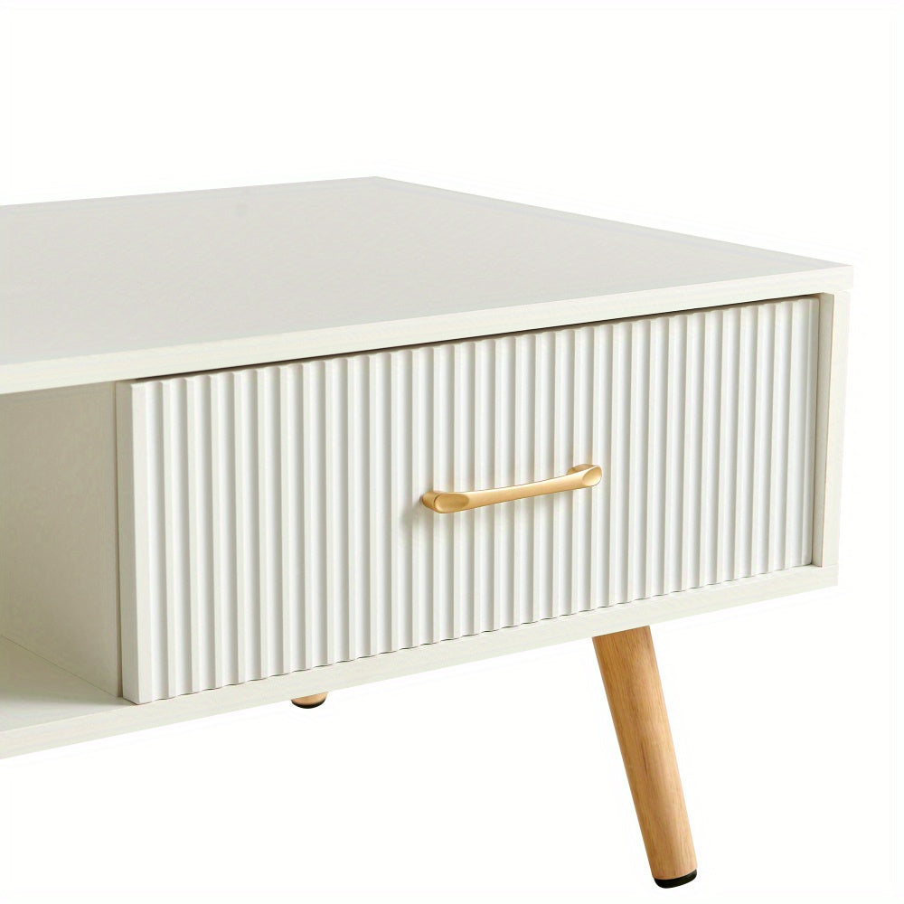 Modern White Rectangle Coffee Table with Sliding Storage Drawer & Solid Wood Legs - Space-Saving MDF Top