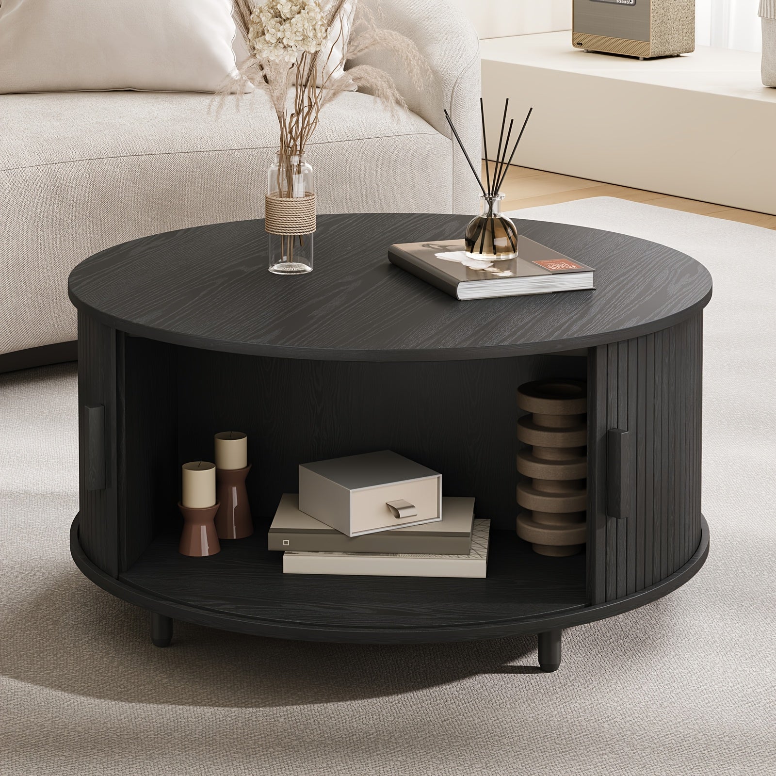 31.5 Inch Wooden Round Coffee Table With Storage Space